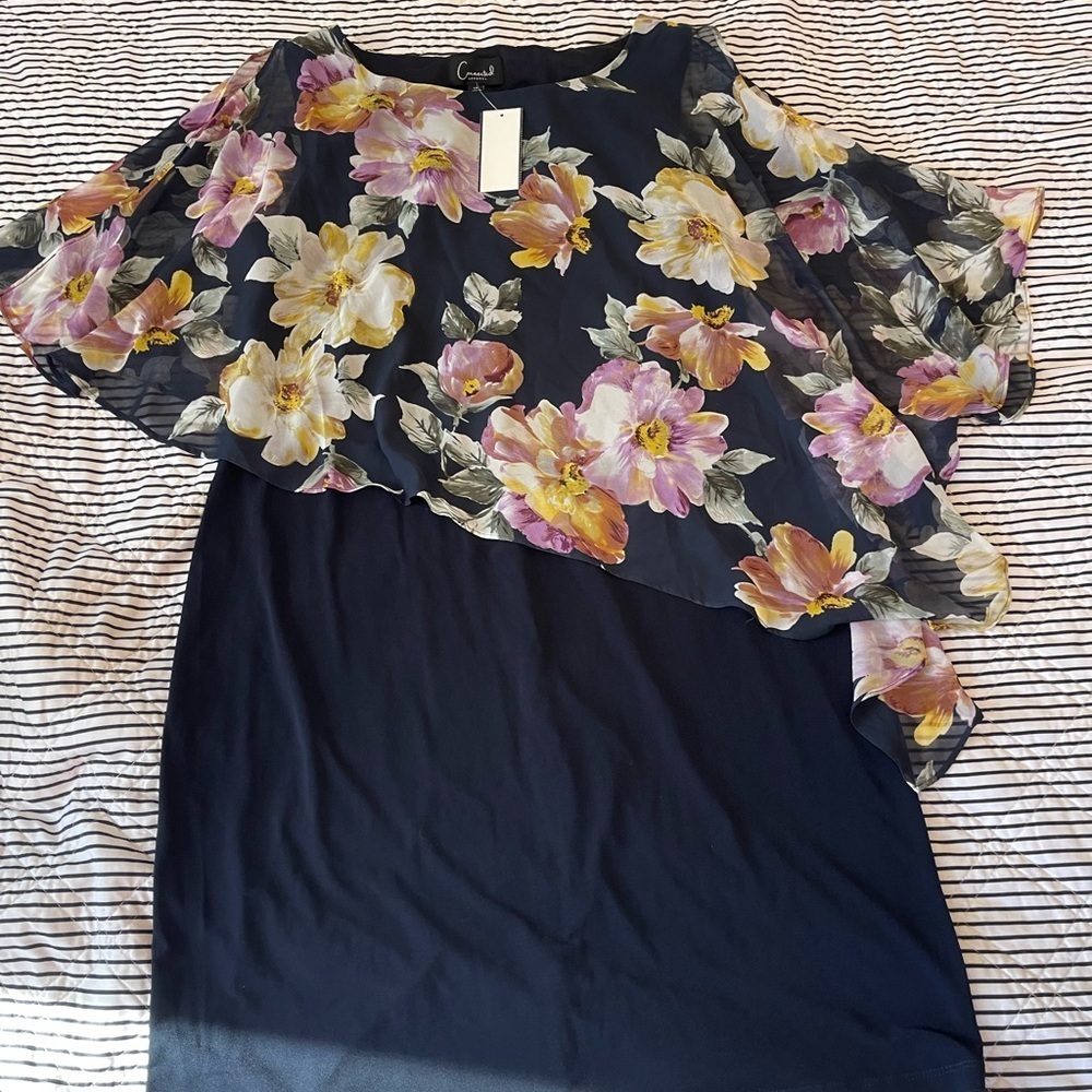 Connected Apparel Black and Pink Floral Midi Dress